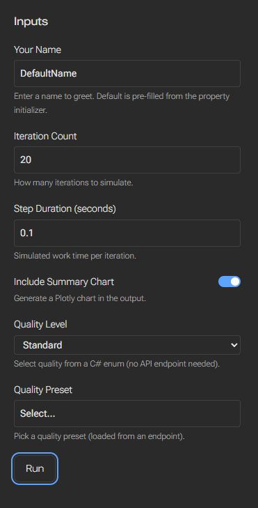 GUI Job page view: input