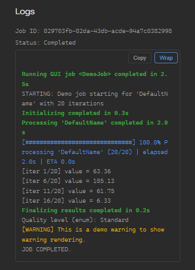 GUI Job page view: logs